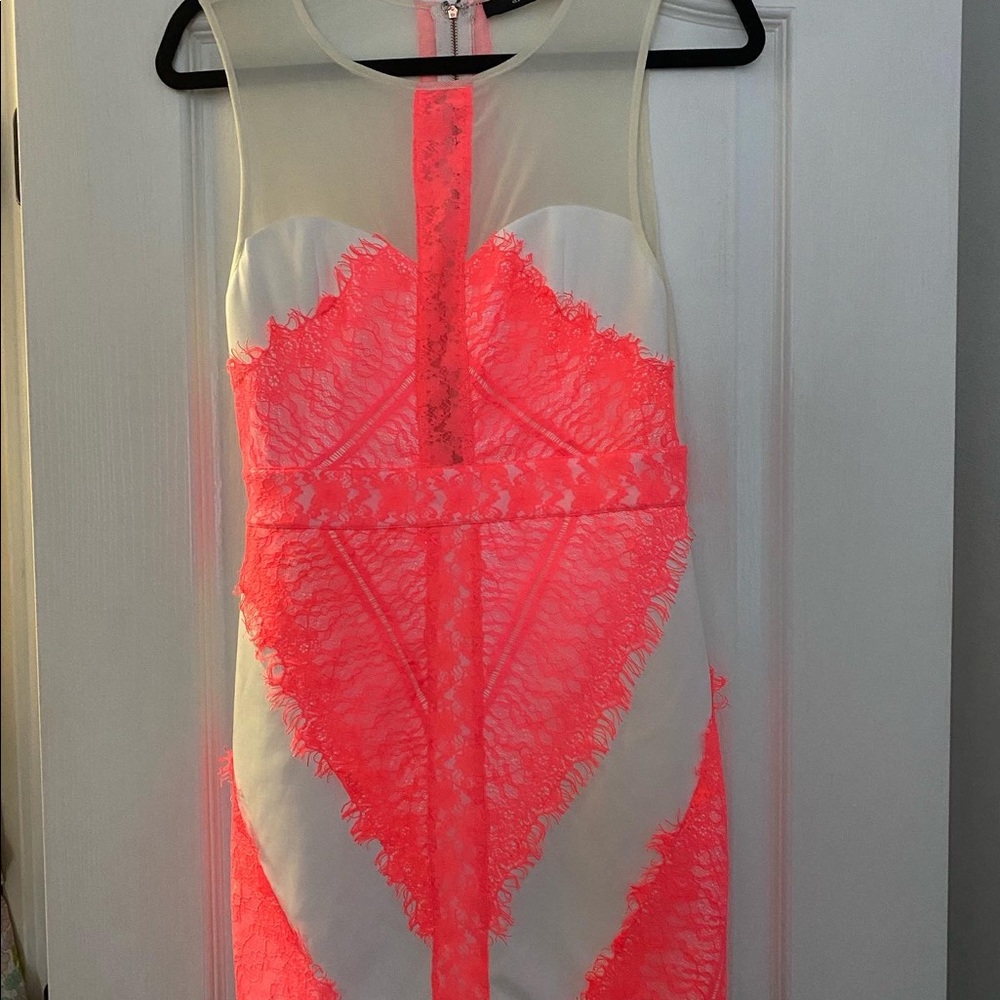 Ark & Co fitted white with neon pink lace detailing! Worn once. Stretchy fabric!
